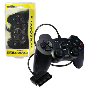 The Old Skool Black PS2 Double-Shock 2 Wired Controller is shown with dual analog joysticks, a directional pad, four action buttons, start/select/turbo buttons, and vibration motors. It rests next to its yellow and clear packaging labeled "Double Shock 2.