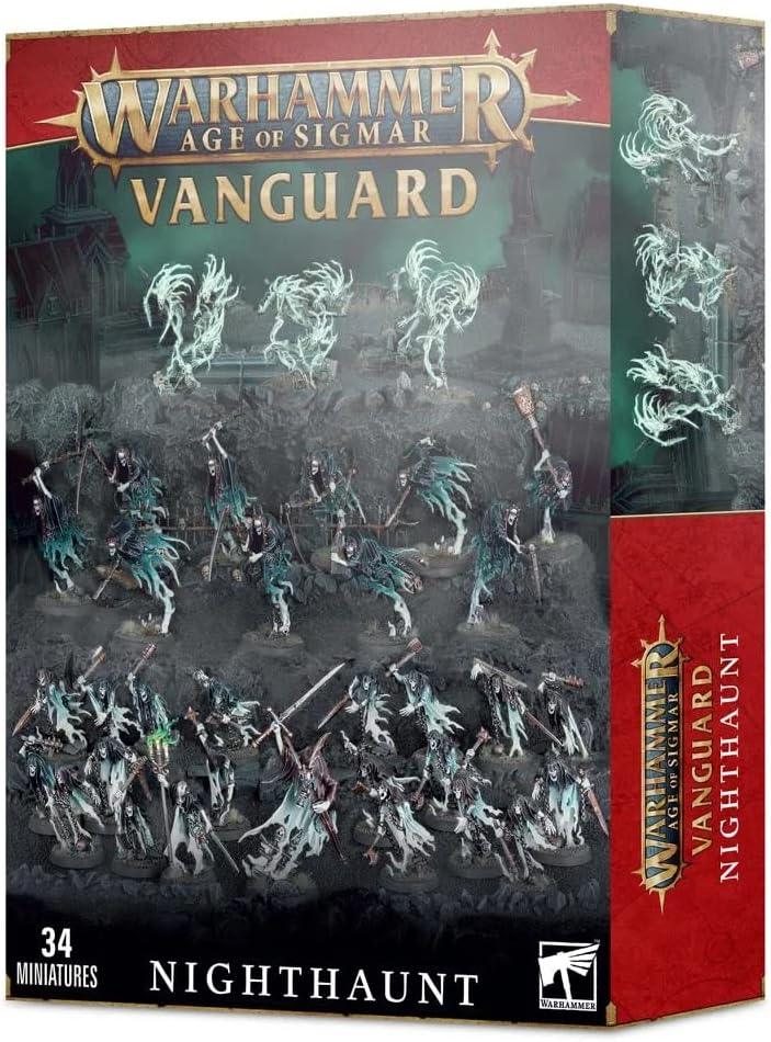 The image shows the box for the Games Workshop VANGUARD: NIGHTHAUNT set. The packaging displays 34 ghostly, spectral miniatures in eerie blue-green hues. There's prominent Games Workshop branding at the top, and the box indicates that it includes Grimghast Reapers as part of the 