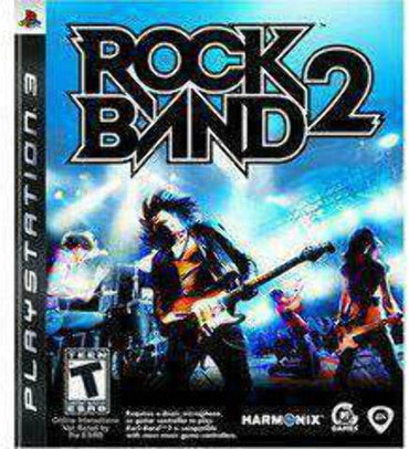 Cover of "Rock Band 2" for PS3 by Everything Games shows a stylized band under dynamic blue and purple lights, capturing the ultimate music gaming experience. Prominent title at the top, rated "T" for Teen, with logos for Harmonix, MTV Games, and Electronic Arts at the bottom.