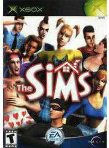 The cover of the Xbox life simulation game "The Sims" by Everything Games showcases animated characters striking dynamic poses. In the foreground, a man sporting sunglasses and a beanie is prominently featured, with a woman holding a heart pillow positioned on the left. The bold red title "The Sims" takes center stage, accompanied by the EA Games logo at the bottom.