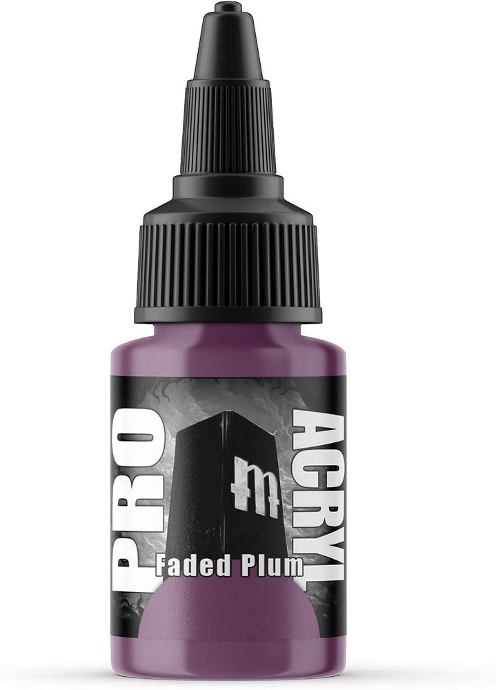 Monument Hobbies 063 - Pro Acryl Faded Plum Acrylic Model Paints are perfect for miniatures, featuring a black nozzle and cap with a label displaying the color name and grayscale design. This liquid acrylic paint offers a muted plum purple shade for plastic models.