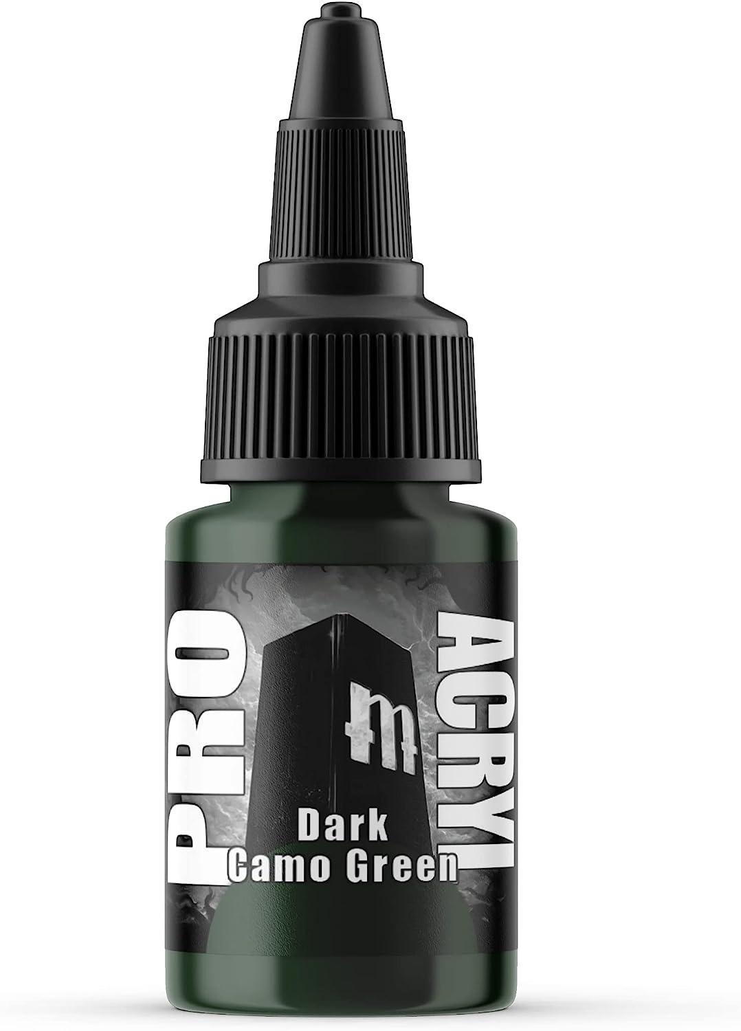 The Monument Hobbies 036-Pro Acryl Dark Camo Green is ideal for miniature painting and tabletop projects. The bottle features a black cap, bold white text with 