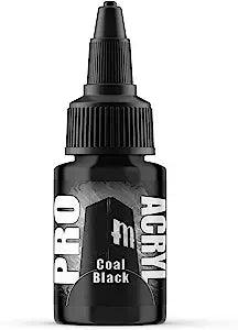A black dropper bottle of Monument Hobbies 002-Pro Acryl Coal Black paint in "Coal Black" color. The label features a stylized logo and white text on both sides, with "PRO ACRYL" written vertically and "Coal Black" at the bottom center. Featuring high-density pigments, it's perfect for tabletop hobby projects.