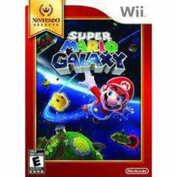 Cover of "Super Mario Galaxy" by Everything Games for the Nintendo Wii with Mario in space alongside floating planets, a Luma, and colorful galaxies. Stardust sparkles in cosmic visuals. Featuring Nintendo Selects and Wii logos at the top; ESRB rating: E for Everyone.