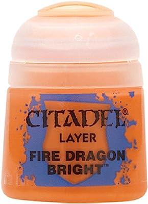 A plastic container of Citadel Layer - Fire Dragon Bright paint by Citadel in the color "Fire Dragon Bright." The container is predominantly orange, with a blue label and black text. Ideal for edge highlighting, the lid is a lighter translucent orange, and the Citadel logo is visible at the top of the label.