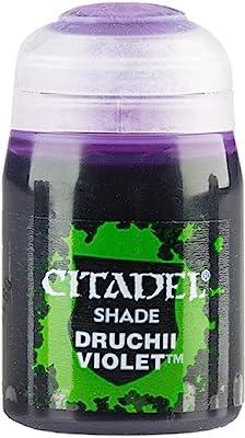 An image of a Citadel paint bottle labeled “Citadel Shade - Druchii Violet™”. The bottle has a transparent cap and a label with green splash design on a black background. Perfect for miniatures, the shade is a dark violet color, visible through the bottle, ideal for achieving matte shading effects.