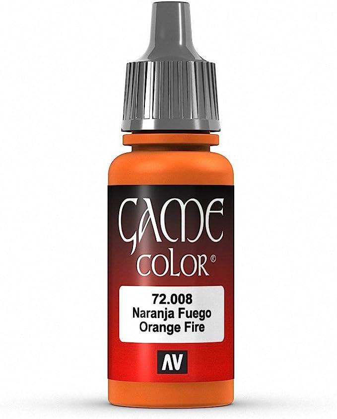 The Vallejo Game Color Orange Fire Paint, 17ml, is ideal for fantasy figures with its highly pigmented acrylic colors. It features a gray dropper cap and an eye-catching bright orange gradient label design.