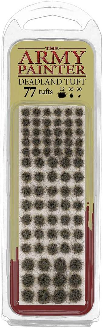 The Army Painter's Deadland Tuft pack is perfect for dioramas and minis, offering 77 dark brown grass tufts (12 large, 35 medium, 30 small) resembling dry vegetation. They come in a clear plastic case on a light background for easy viewing.