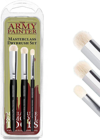 The Army Painter Masterclass: Drybrush Set shows three brushes with ergonomic grips, dome-shaped tips, black handles, silver ferrules, and rounded white bristles. Close-up images display the bristles of each brush.