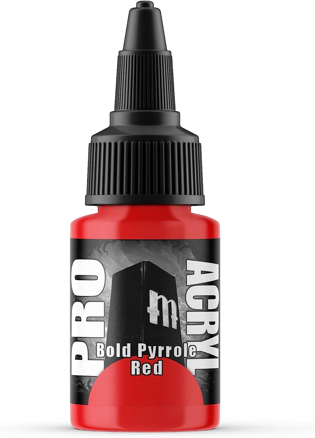 The Monument Hobbies 003-Pro Acryl Bold Pyrrole Red paint features a black nozzle and is ideal for hobby miniatures. The cylindrical bottle has a black cap and showcases a gradient from red to black. Its label has a stylized 