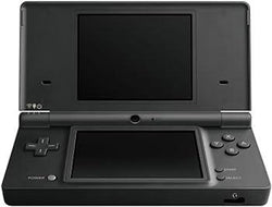 A black Nintendo DSi by Nintendo is shown open. This handheld gaming console features two screens, one on the top half and one on the bottom half. To the left of the bottom screen is a directional pad and the power button. To the right are four action buttons labeled X, Y, B, and A, making it perfect for portable entertainment.