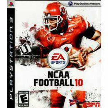 The "NCAA Football 10" cover for PlayStation 3 displays a college player in a red uniform carrying the ball. It features the EA Sports logo, "NCAA Football 10" text, ESPN logo at the bottom, and has a white background with red and black accents. Includes Road to Glory mode and is rated "E" for Everyone by Everything Games.