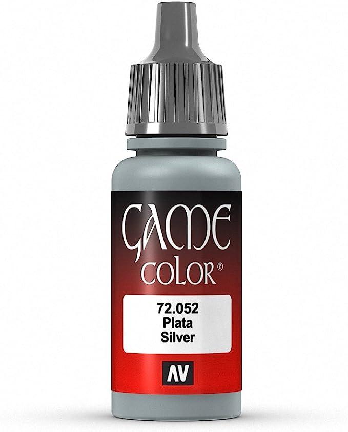 The Vallejo Game Color Silver Paint, 17ml, comes in a bottle with a gray dropper cap and features a predominantly red and white label. It's an excellent choice for adding a rich finish to fantasy figures, miniatures, and models.