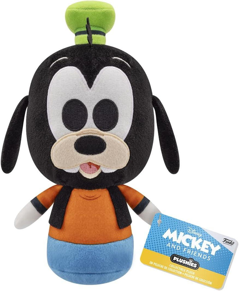 The Funko Pop! Plush: Disney Classics - Goofy by Everything Games showcases a black face, floppy ears, green hat, white muzzle, large eyes, and a smiling mouth. This collectible wears an orange shirt and blue pants with a "Mickey and Friends Plushies" tag.