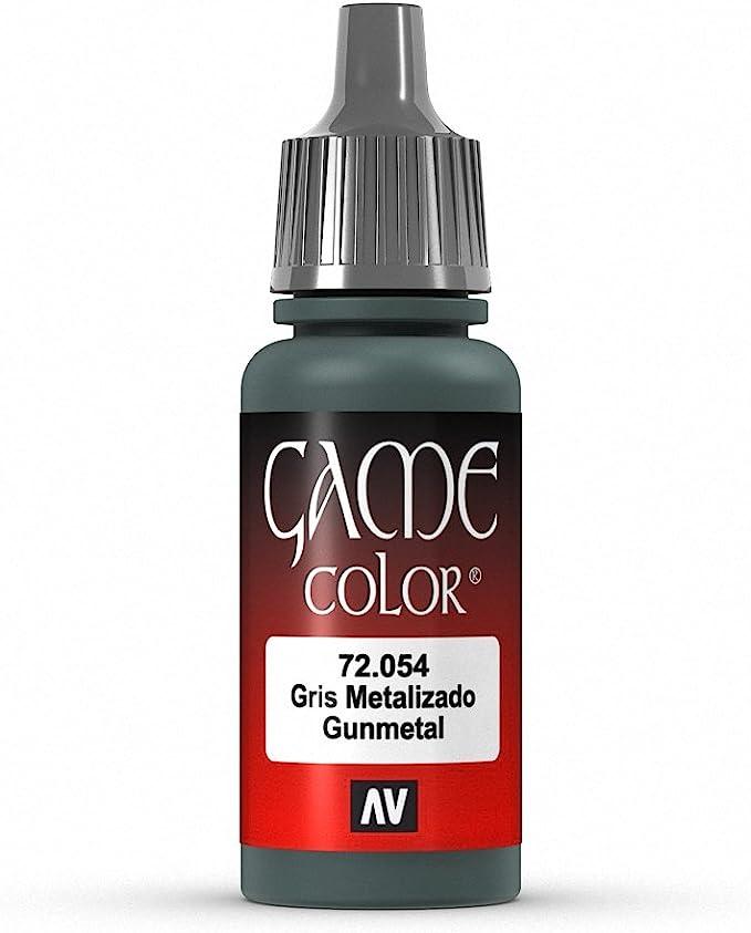 The Vallejo Gunmetal Metal Paint, 17ml, ideal for fantasy figures, comes in a bottle with a dark gray cap and a red gradient label featuring white and black text alongside the AV logo.