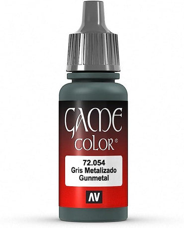 The Vallejo Gunmetal Metal Paint, 17ml, ideal for fantasy figures, comes in a bottle with a dark gray cap and a red gradient label featuring white and black text alongside the AV logo.