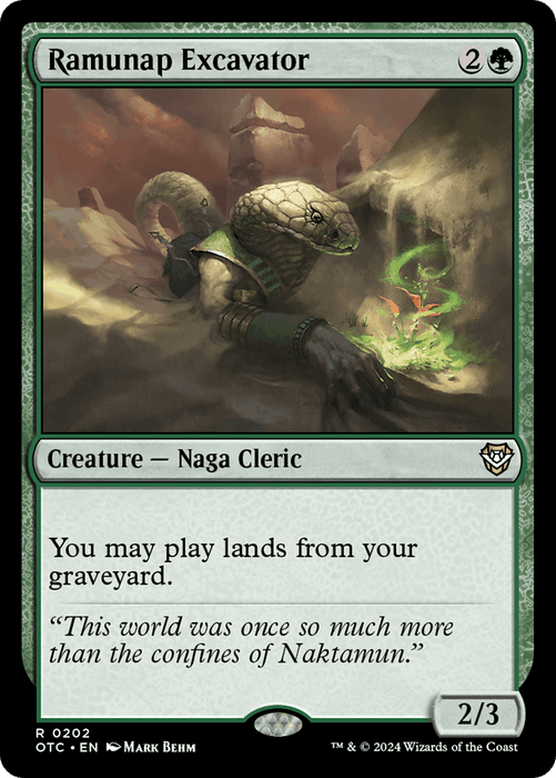 A Magic: The Gathering card depicts "Ramunap Excavator [Outlaws of Thunder Junction Commander]," a rare creature card featuring a snake-like naga cleric in a desolate desert scene. Aligned with the game's green mana, the card's details and borders are unmistakably green, and the creature's power and toughness are 2/3.