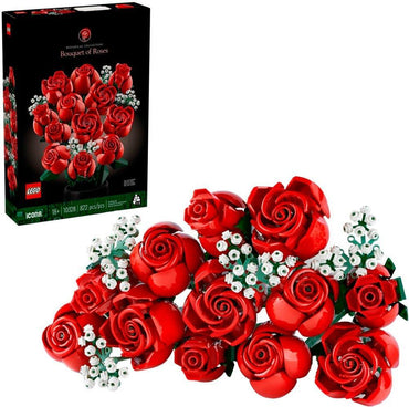 The LEGO - Icons Bouquet of Roses set, part of the Botanical Collection, includes artificial roses with bright red petals, green leaves, and small white flowers. The box reflects this arrangement. Product number 10308 contains 822 pieces and is suitable for ages 18+.