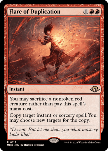 Image of a Magic: The Gathering card titled "Flare of Duplication [Modern Horizons 3]" from the Magic: The Gathering set. It's a rare instant spell costing 1 generic and 2 red mana. You can sacrifice a nontoken red creature instead of paying its mana cost to copy a target instant or sorcery spell, choosing new targets. Artwork by Olivier Bernard shows a figure engulfed in swirling red