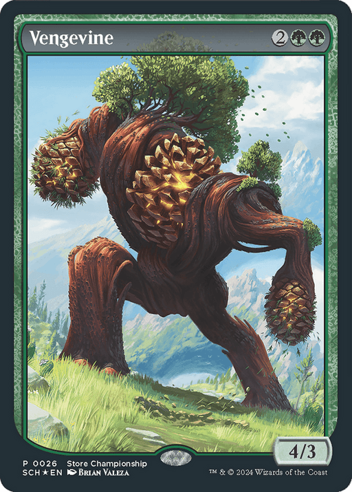 A rare fantasy card titled "Vengevine [World Championship 2024]" from Magic: The Gathering depicts a large, humanoid tree creature walking through a grassy landscape with mountains in the background. This Creature Elemental has a muscular form with pinecones embedded in its bark, four limbs, and emits a sense of motion and strength. The card's stats are 4/3 and it will feature prominently in the World Championship 2024.