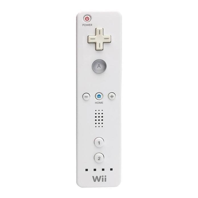 A front view of the Nintendo Wii Remote from Nintendo shows a white controller with a directional pad at the top, followed by "A" and "Home" buttons, and then "+" and "-" buttons. Below them are "1" and "2" buttons. At the very bottom are four LED lights with "Wii" printed underneath.