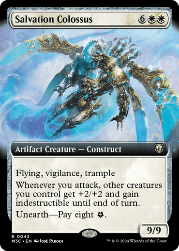 A rare fantasy card titled "Salvation Colossus (Extended Art) (Ripple Foil) [Modern Horizons 3 Commander]" from Magic: The Gathering. It depicts a glowing, mechanical humanoid with wings and armor, surrounded by blue mist. As an Artifact Creature from Modern Horizons 3 Commander, it boasts Flying, vigilance, trample, grants bonuses to allies upon attack, and has "Unearth" for a cost. Power/Toughness is 9/9.