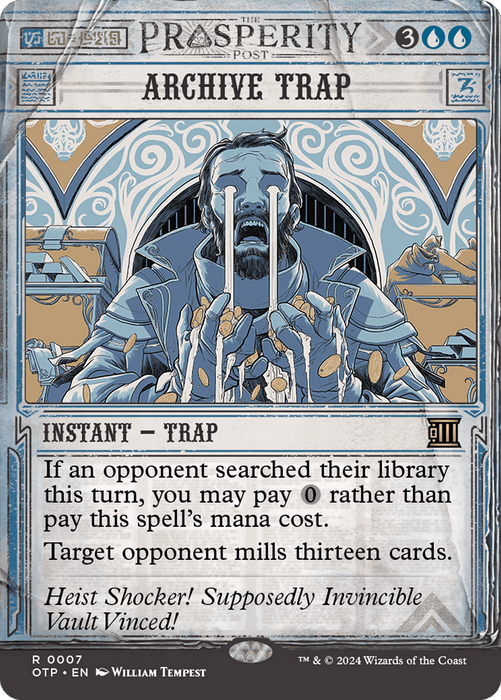 A fantasy-style card titled "Archive Trap [Outlaws of Thunder Junction: Breaking News]" from the game Magic: The Gathering. It depicts a pained figure holding their head, emanating blue energy. This Instant Trap reads: "If an opponent searched their library this turn, you may pay 0 rather than pay this spell’s mana cost. Target opponent mills thirteen cards.
