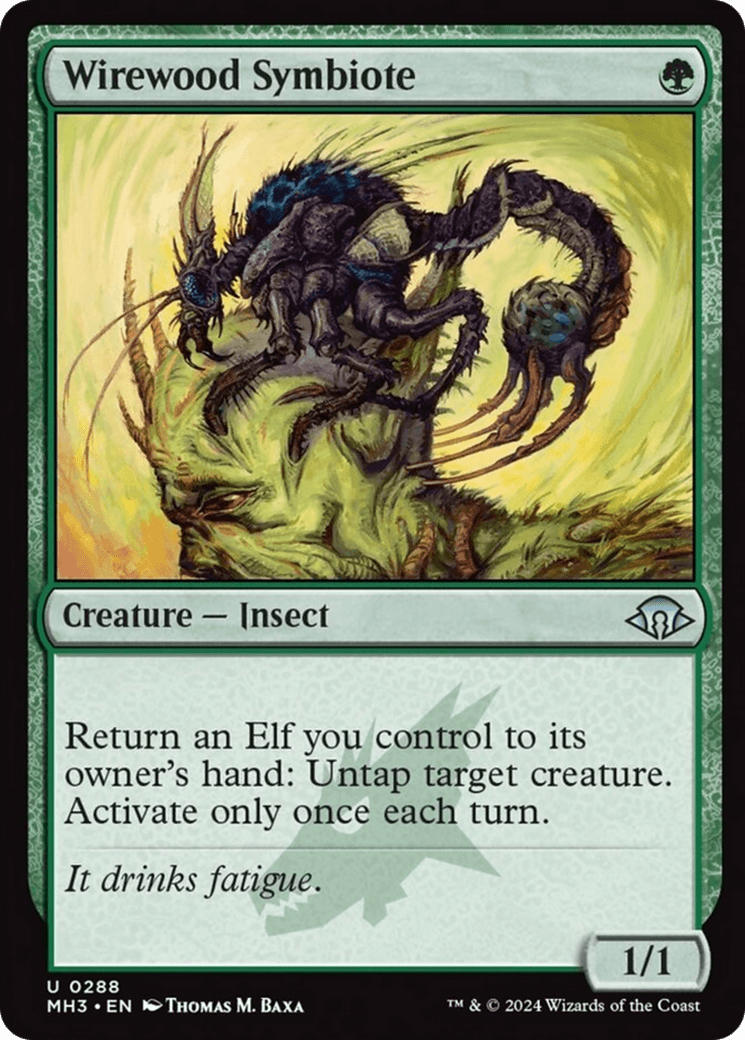 A Magic: The Gathering Wirewood Symbiote [Modern Horizons 3] with green borders. The card features an illustration of a monstrous insect gripping a small, glowing figure. The text reads: 