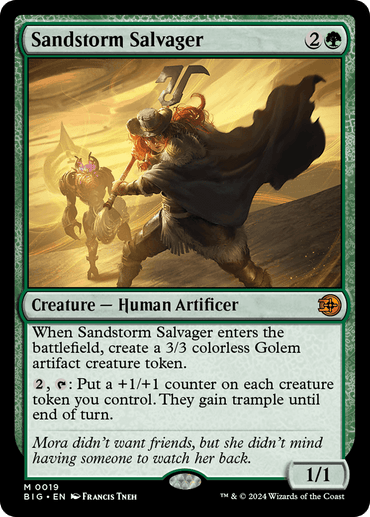 The "Sandstorm Salvager [Outlaws of Thunder Junction: The Big Score]," a mythic creature from Magic: The Gathering, depicts a warrior holding a scythe amidst a desert storm. This card embodies the essence of resilience and camaraderie with game mechanics and a quote from Mora about friendship. Its stats read: 1/1, costing 2G to cast.