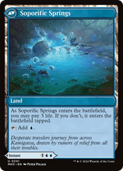 A Magic: The Gathering card titled "Sink into Stupor // Soporific Springs [Modern Horizons 3]." This uncommon land card features the text: "As Sink into Stupor // Soporific Springs enters the battlefield, you may pay 3 life. If you don’t, it enters tapped. {T}: Add {U}." The image shows a misty, luminescent spring surrounded by lush vegetation. Part of Modern Horizons 3.