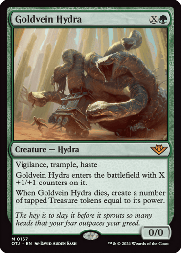 A "Magic: The Gathering" mythic card, Goldvein Hydra [Outlaws of Thunder Junction], features a brown, multi-headed hydra surrounded by treasure. With vigilance, trample, and haste, it enters the battlefield with +1/+1 counters based on mana invested and creates Treasure tokens upon dying.