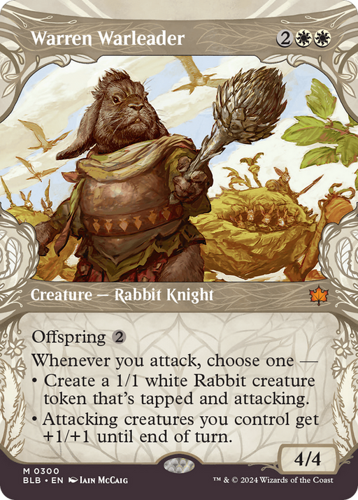 The mythic card "Warren Warleader (Showcase) [Bloomburrow]" from the Magic: The Gathering series features a Rabbit Knight wielding a mace and standing on a cliff surrounded by an army of rabbit soldiers. This 4/4 creature requires 2 generic and 2 white mana to cast, has Offspring 2, and boasts abilities that generate rabbit creature tokens while enhancing attacking creatures.