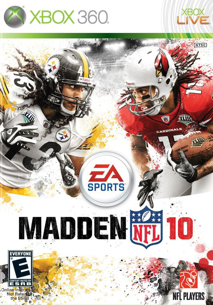 The cover art for Madden 10 on Xbox 360, produced by Everything Games, features two football players engaged in fierce competition: one wearing a black and gold uniform with the number 43, and the other in red and white, numbered 11. The EA Sports logo is prominently displayed, emphasizing realism through Pro-Tak animation technology.