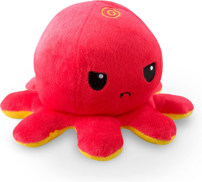 A plush toy shaped like an octopus, predominantly red with a yellow underside on its tentacles. It has a small frowning face with a spiral design on its head, giving it an expressive, slightly grumpy appearance. The Everything Games TeeTurtle BIG Reversible Red and Yellow Octopus Plushie is soft, cuddly, and has a smooth texture.