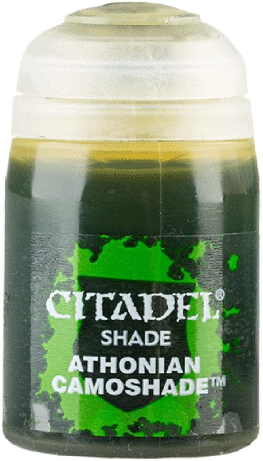 The image displays a small Citadel Shade - Athonian Camoshade container, ideal for matte shading miniatures. The label says 