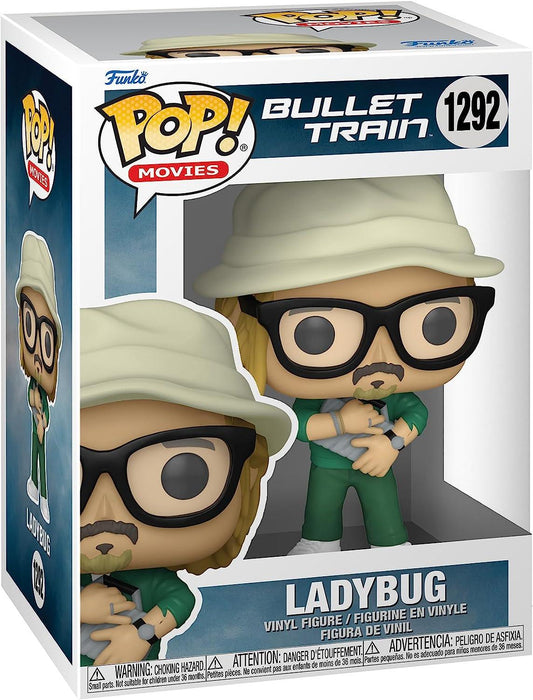 A Funko Pop! Movies: Bullet Train - Ladybug with Chase from the movie "Bullet Train" is displayed in its packaging. This Funko collectible, number 1292, features Ladybug wearing glasses, a hat, and a green outfit while holding an item. The box boasts vibrant graphics and multilingual text.