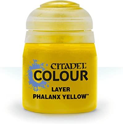 A picture of a Citadel Layer - Phalanx Yellow paint pot reveals the vibrant yellow layer paint within its translucent container. 