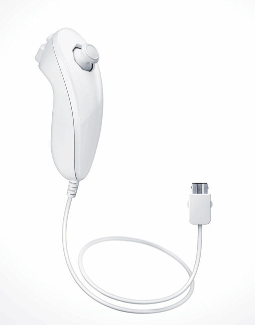 A white Nintendo Wii Nunchuck for the Nintendo Wii is shown against a white background. The controller features an analog joystick on top and C and Z buttons on its front face. A cable extends from the bottom of the controller, ending in a proprietary connector to attach to the main Wii Remote, providing versatile compatibility for enhanced gameplay.