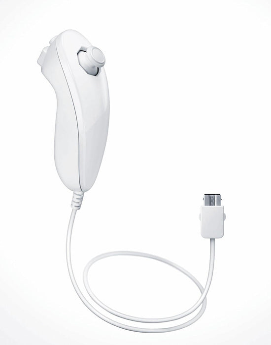 A white Nintendo Wii Nunchuck for the Nintendo Wii is shown against a white background. The controller features an analog joystick on top and C and Z buttons on its front face. A cable extends from the bottom of the controller, ending in a proprietary connector to attach to the main Wii Remote, providing versatile compatibility for enhanced gameplay.