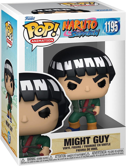 A Funko Pop! Animation: Naruto - Might Guy figure of the jonin of Konohagakure from "Naruto Shippuden," numbered 1195. The vinyl figure is in a windowed box with "Might Guy" written at the bottom. The figure wears a green jumpsuit, red leg warmers, and has a bowl haircut. Box features Funko branding and safety warnings.