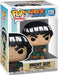 A Funko Pop! Animation: Naruto - Might Guy figure of the jonin of Konohagakure from "Naruto Shippuden," numbered 1195. The vinyl figure is in a windowed box with "Might Guy" written at the bottom. The figure wears a green jumpsuit, red leg warmers, and has a bowl haircut. Box features Funko branding and safety warnings.