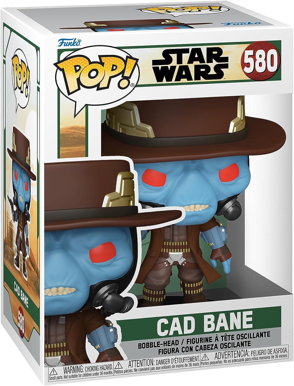 Image of a Funko Pop! Star Wars: The Book of Boba Fett - Cad Bane vinyl bobblehead inside its packaging. The figure represents Cad Bane from Star Wars: The Book of Boba Fett, featuring a blue face, red eyes, and brown hat. The box has 