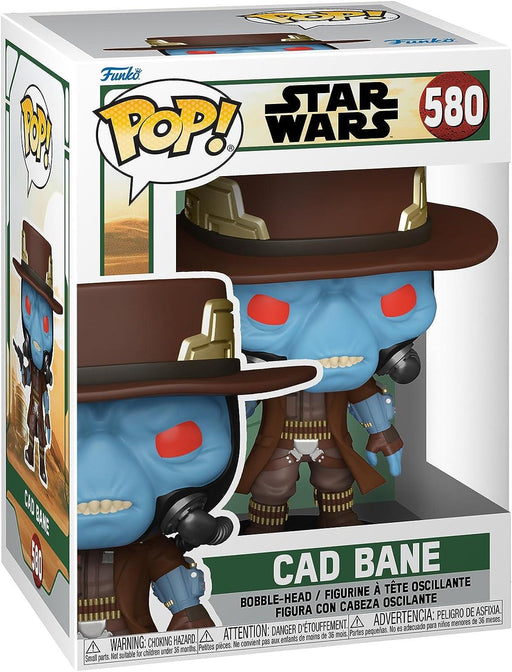 Image of a Funko Pop! Star Wars: The Book of Boba Fett - Cad Bane vinyl bobblehead inside its packaging. The figure represents Cad Bane from Star Wars: The Book of Boba Fett, featuring a blue face, red eyes, and brown hat. The box has "Star Wars" and "580" printed at the top, and "Cad Bane" on the bottom front. Warnings are visible at the bottom.