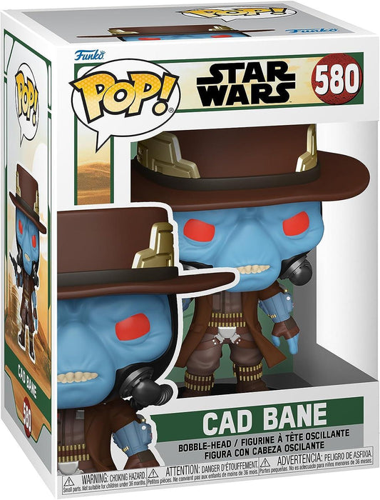 Image of a Funko Pop! Star Wars: The Book of Boba Fett - Cad Bane vinyl bobblehead inside its packaging. The figure represents Cad Bane from Star Wars: The Book of Boba Fett, featuring a blue face, red eyes, and brown hat. The box has "Star Wars" and "580" printed at the top, and "Cad Bane" on the bottom front. Warnings are visible at the bottom.