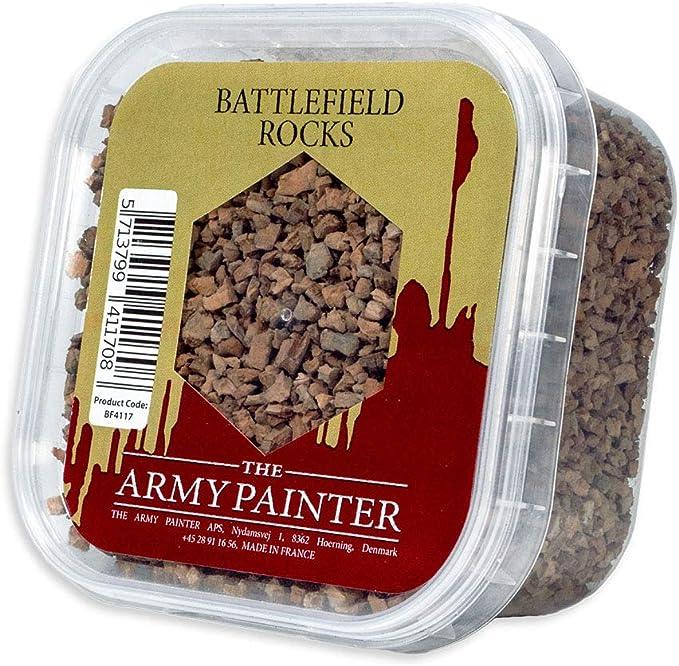 The Army Painter Battlefield Rocks Basing, by Army Painter, provides a realistic aesthetic for miniature painting enthusiasts. With a maroon label featuring a castle silhouette and the product code B4117, the container has a clear plastic lid that displays the carefully crafted small brown rocks inside. These rocks are made in France for use in miniature landscaping.