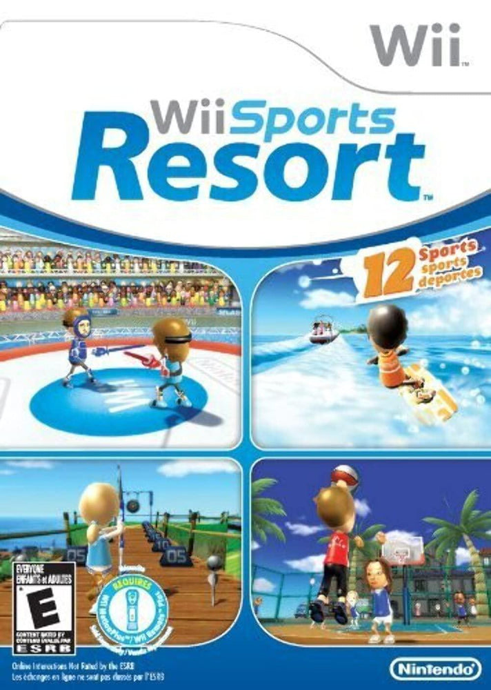 Cover image of the video game "Wii Sports Resort" by Nintendo for the Nintendo Wii console. It features four gameplay scenes, including sword fighting, jet skiing, basketball, and table tennis. Showcasing "12 Sports" and an ESRB rating of "E10+" at the bottom left, it supports 1 to 4 players with Wii MotionPlus.