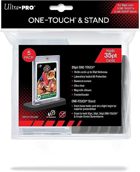 The "Ultra PRO - 35PT UV ONE-Touch and Stands 5-Pack" includes five stands for 35pt trading cards. The clear packaging with a black base showcases a sports card in a ONE-TOUCH Magnetic Holder, highlighting its UV protection and magnetic closure.