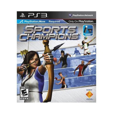 The cover art of Everything Games' "Sports Champions" for PS3 depicts athletes in action with sports like archery, volleyball, and table tennis. A woman in a white and blue outfit draws her bow prominently, while logos for PlayStation Move and Network enhance the design.