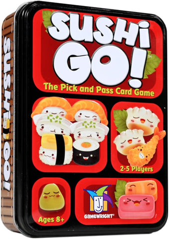 The image features the "Sushi Go!" box, a fast-paced family card game by Gamewright. The cover has cute cartoon sushi characters like nigiri and maki rolls, all smiling. It states "The Pick and Pass Card Game" for "2-5 Players" and suitable for "Ages 8+," with the Gamewright logo at the bottom.