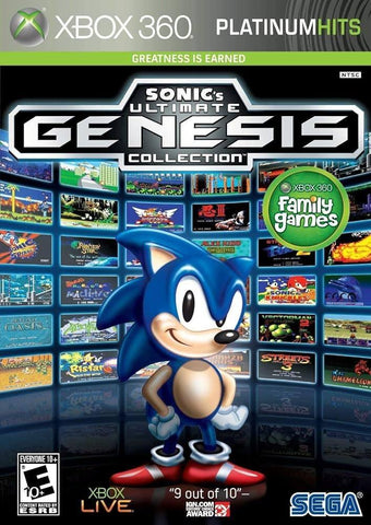 The cover of "Sonic Ultimate Genesis Collection" for Xbox 360 showcases Sonic the Hedgehog amidst a backdrop of Sega Genesis game covers. Prominent text includes "Platinum Hits," "Family Games," and "Greatness Is Earned." The Everything Games logo and ratings are visible at the bottom.